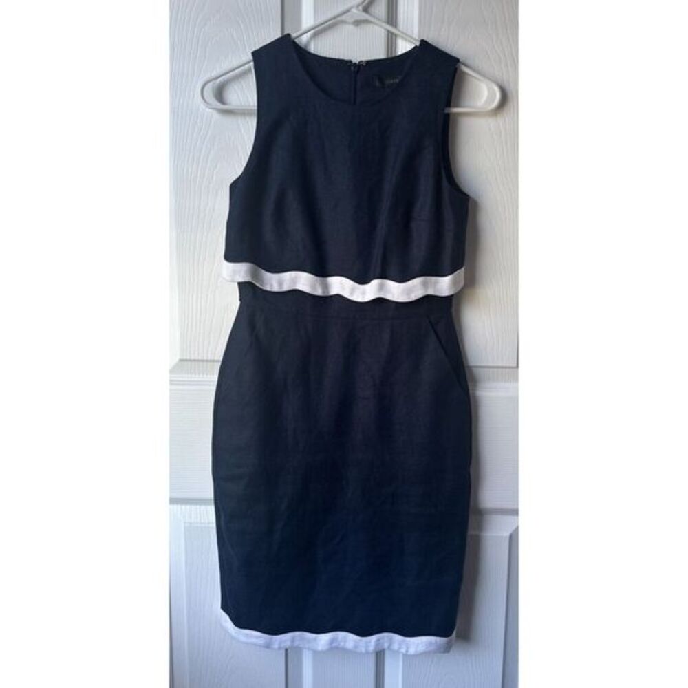 J CREW Going Places Linen Dress Size  00P tall Sleeveless Navy White Scallop Hem